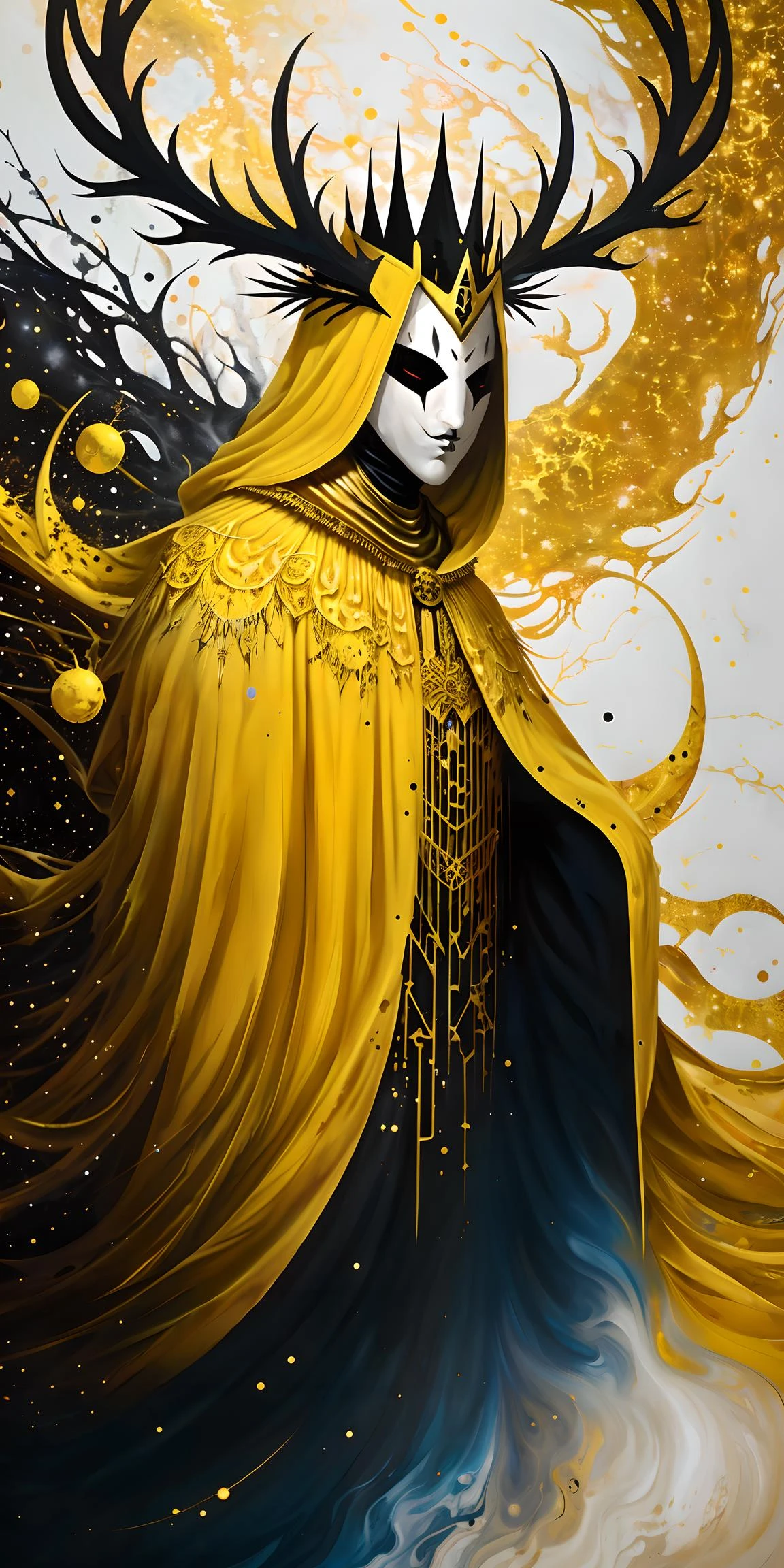a surreal paint splatter painting of the kinginyellow wearing a cloak and a mask, antlers, crown, cosmic background, gold and white and black color scheme, (abstract:1.2) 