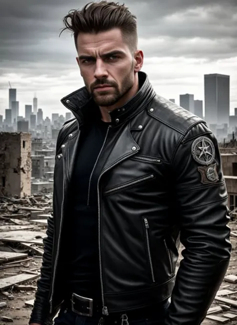 ultra realistic photograph, RAW professional photograph,  1boy, portrait of a tough guy, wearing a biker jacket, look at the vie...