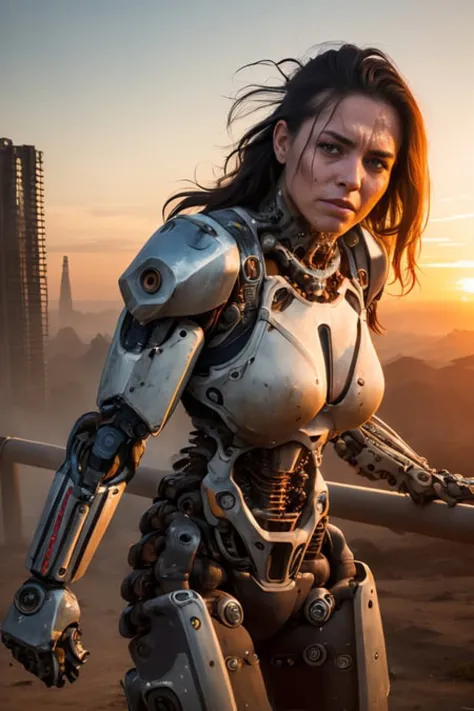 photographie brute, Photo réaliste de ((Femme dans un énorme robot blindé exosquelette biomécanique hydraulique)), (Visage détaillé), coucher de soleil, en sueur, post-apocalyptique, cheveux longs, cyberpunk