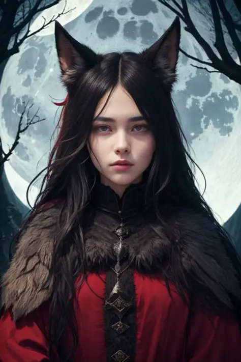 Meilleure qualité, ultra-détaillé, illustration, 1fille, cheveux longs noirs, yeux rouges, oreilles de loup, manteau noir, Col moelleux, forêt, lune, esquisser, tout le corps, la plus haute qualité, Texture de la peau, détails complexes, (Éclairage cinématographique), photo brute, 8k