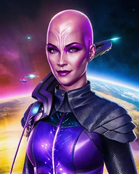 <lora:kuumaarke_lora:0.8>, kuumaarke, female, alien, bald, pink skin, black eyebrows, ridges on sides of nose, magenta eyes, wearing dark purple and teal sci-fi lukari armor suit, portrait, front view, medium shot, space nebula and space ships in background, photograph, raw photo