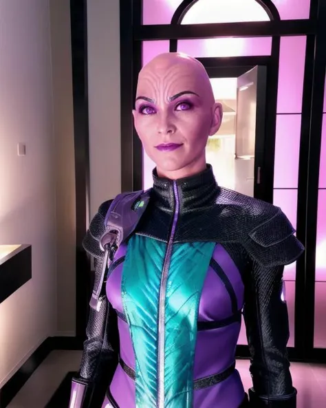 <lora:kuumaarke_lora:0.8>, kuumaarke, female, alien, bald, pink skin, black eyebrows, ridges on sides of nose, magenta eyes, wearing dark purple and teal sci-fi lukari armor suit, front view, medium shot, photograph, raw photo, fujifilm x100v, indoors