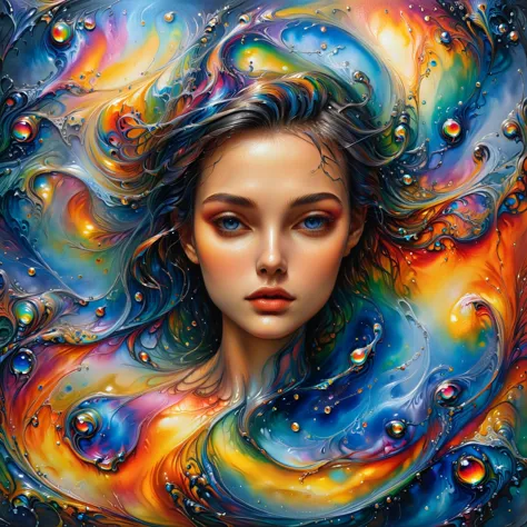 a painting of a woman with a colorful hair and a colorful swirl