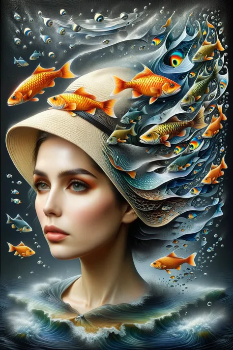 a woman with a hat and fish on her head