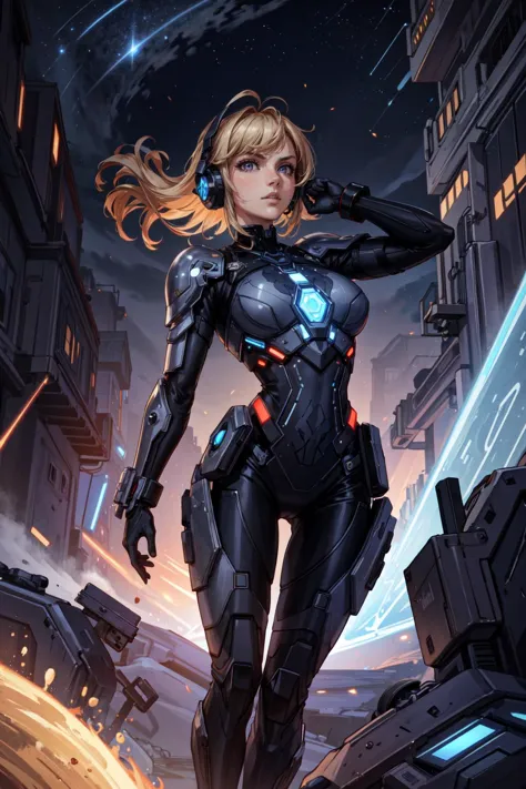 a woman in a futuristic suit standing on a city street