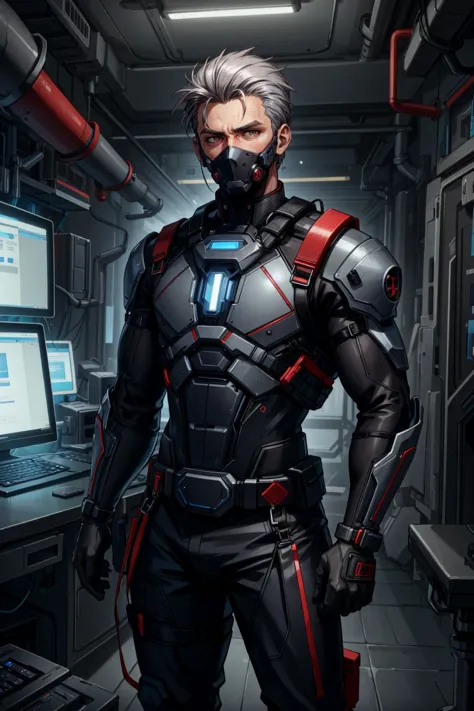 a man in a futuristic suit standing in front of a computer