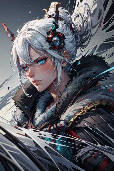 a woman with white hair and blue eyes holding a sword