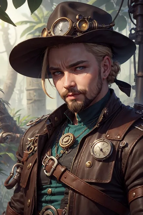 (1man, fat adult ukrainian male:1.2),  teal eyes, blonde hair, quiff,
portrait, solo, half shot, detailed background, detailed face, (<lora:SteamPunkAI:0.4>, steampunkai, steampunk theme:1.1), explorer, sneaking, dynamic pose,    leather clothes, shirt,  artifact amulet,    belt,  (leather pouches:0.4), treasure map, (abandoned:0.7) tropical jungle background,    dust,  dark cinematic atmosphere, occult,   mist,
<lora:mitsuart_v8.1a:0.6>,