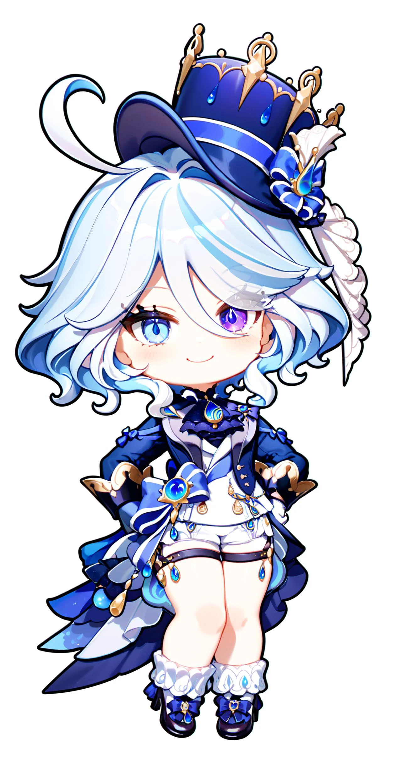furina,1girl,solo,white background,simple background,full body,smile,looking at viewer,hand on hip,standing,top hat,blue jacket,white gloves,high heels,front view,frilled socks,white shorts,waist cape,thigh strap,heterochromia,jewelry,ascot,chibi,