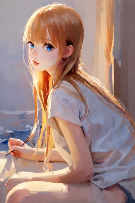 anime girl sitting on the ground with a brush and a painting