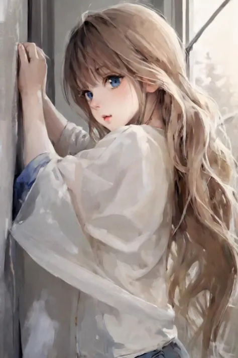 anime girl with long hair leaning against a wall