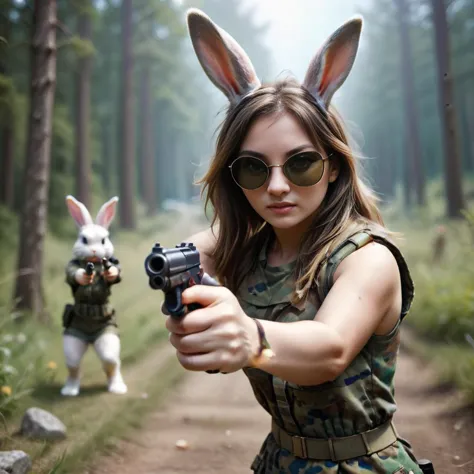 a lot of colorful eastereggs, a girl with bunny ears, a girl bunny with military sunglasses, bunny ears, aiming with a pistol at...