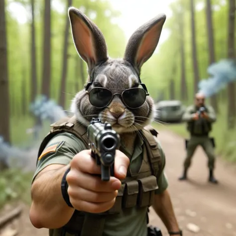 a warrior rabbit with military sunglasses, aiming with a pistol at the viewer, blurry, blurry background, warzone, blurry foregr...