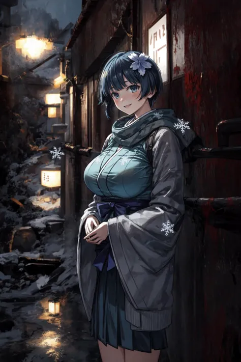 solo, yozakura, hair flower, (large breasts:1.2), smile, (dark:1.4) blue hair, (dark:1.2) blue eyes, Japanese scene, (winter:1.3)
<lora:senrankagura_yozakura:0.7>
<lora:add_detail:1>
<lora:GoodHands-vanilla:1>
<lora:Japanese scene_20230609163753:0.9>