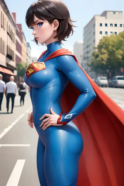 (masterpiece:1.4), (best quality), (detailed), (8k), (1girl, solo, from side), (sidewalk), <lora:clara_kent-07:0.6>, clara kent, superhero, bodysuit, short hair, red cape, blue eyes, wide hips, flexing,