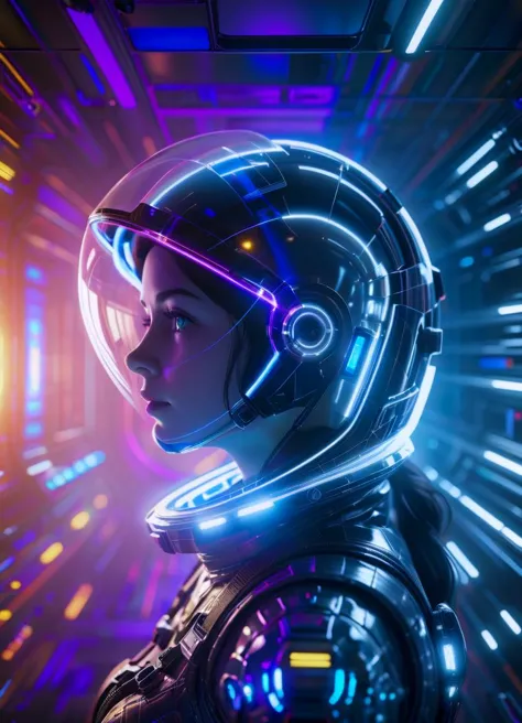 a woman in a futuristic helmet looks at the camera