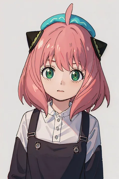 anime girl with pink hair and green eyes wearing a black dress