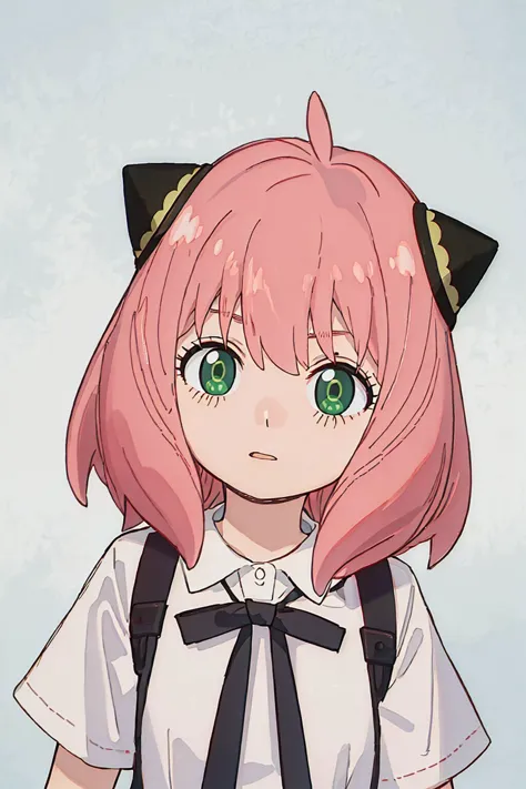 anime girl with pink hair and black cat ears wearing a white shirt