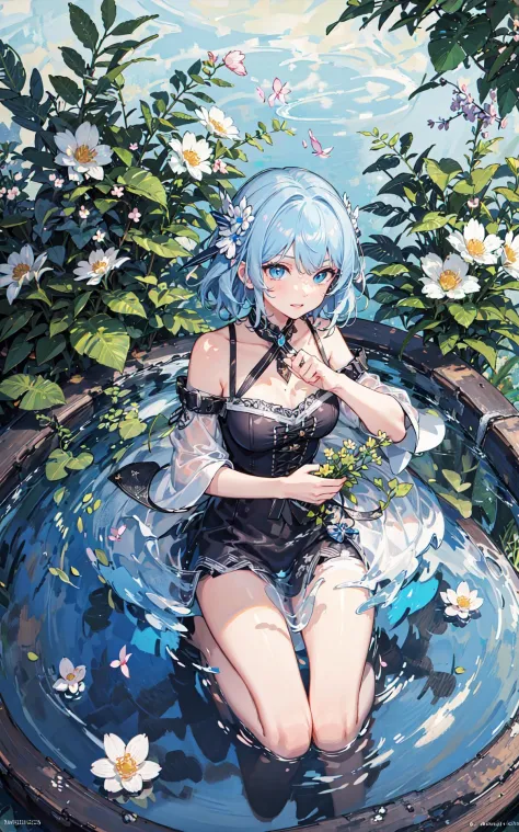 absurdres, highres, (official art, beautiful and aesthetic:1.2), 
1girl, blue hair, middle hair, blue eyes, shining eyes, 
flower background, flower effects, (spring garden:1.3), light effects, 
(fractal art:0.3), water effects, ripple effects,
close view,