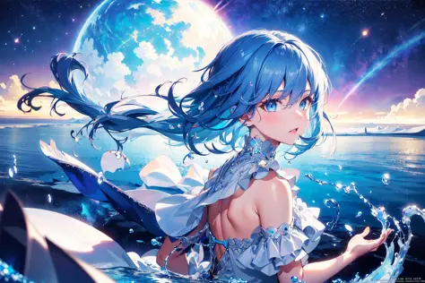 absurdres, highres, (official art, beautiful and aesthetic:1.2), (close view:1.15),
(1girl, blue hair, middle hair, blue eyes, shining eyes, white long dress, Blue Frill,:1.2)
blue sky, Sparkling Galaxy, (Salar de Uyuni:1.2), (fractal art:0.8),
water effects, ripple effects, (flower effects:0.65), light effects,