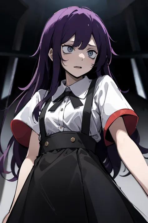 a woman with purple hair and a white shirt and black skirt