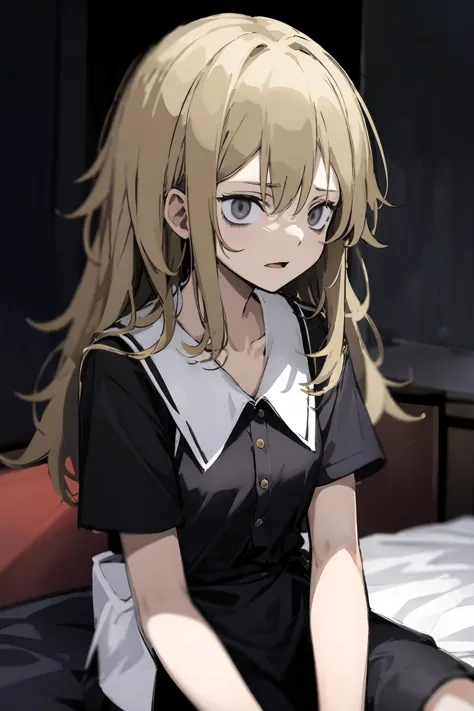 anime girl sitting on bed with a black and white shirt