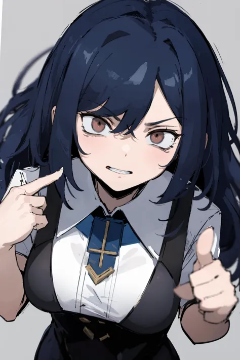 anime girl with blue hair and a tie pointing at something