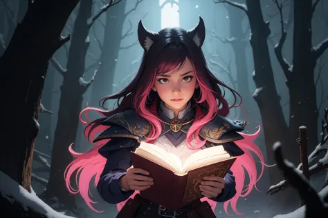 a woman with pink hair and horns holding a book in a snowy forest