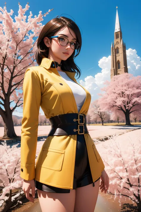 a woman in glasses and a yellow jacket standing in front of a tree