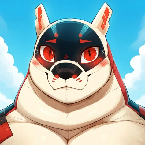 a close up of a cartoon dog with red eyes and a black and white outfit