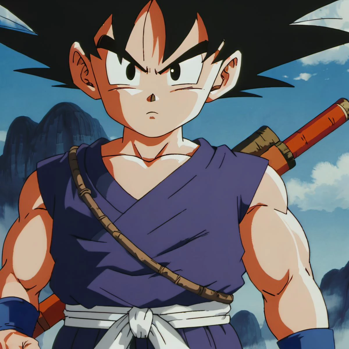 anime screencap in mnst artstyle of a son goku, hd, 4k, high-quality in the style of akira toriyama