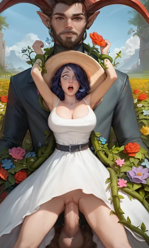 onarmor, girl in front, bound to satyr, fanny packing, meat shield, cock sleeve, breasts, large breasts, large insertion, restrained, (bound by flower vines:1.2),  milkmaid, vaginal penetration, pussy juice, day, meadow, pleasantly surprised, white dress,(...