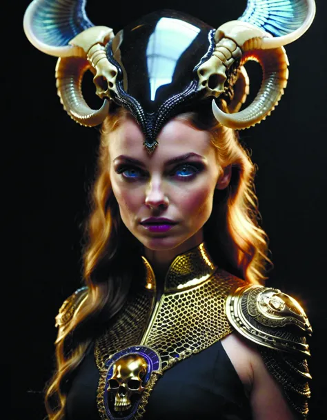 a woman with horns and horns on her head wearing a black dress