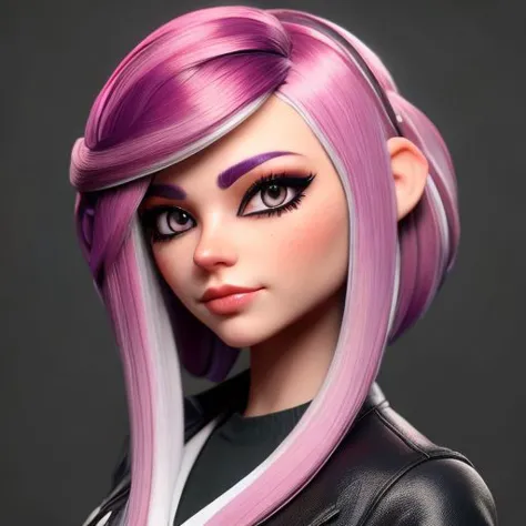 a close up of a doll with purple hair and a black jacket