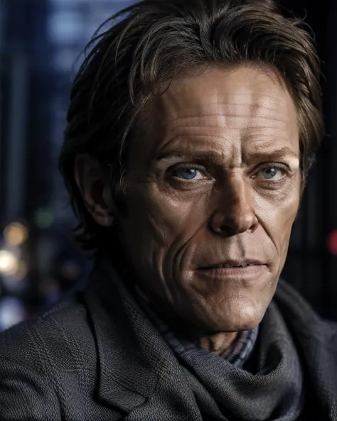 <lora:Willem_Dafoev1:0.6>, Willem Dafoe, solo, looking at viewer, closed mouth, close up shot, face detailed, scarf, suit, grey background, simple background, dark background,  kkw-ph1, <lora:more_details:0.5>, <lora:LowRA:1>