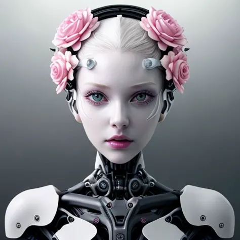 a close up of a woman with a robot head and a flower crown