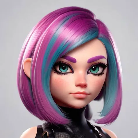 a close up of a doll with a purple and blue hair