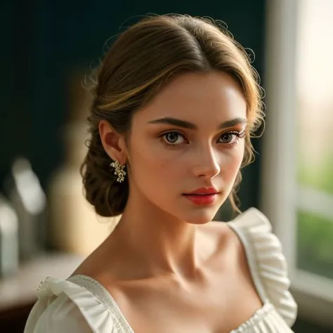 a close up of a woman in a white dress with a red lipstick