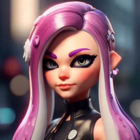 a close up of a doll with long hair and purple hair