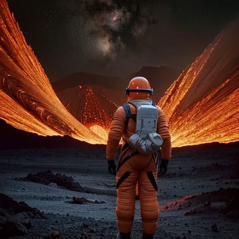 Astronaut, volcano, lava flow, exploration, red-orange glow, hazardous environment, space helmet, spacesuit, backpack, adventure, extreme conditions, heat, molten rock, geology, space exploration, terrestrial, fiery landscape, danger, solo traveler, protective gear, science mission, otherworldly, rugged terrain, space boots, illuminated, twilight hues, alien planet atmosphere, survival, determination, back view, unknown frontier.