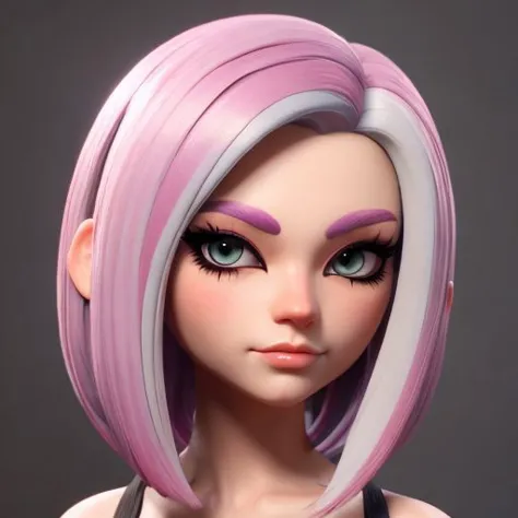 a close up of a doll with a pink hair and purple eyes