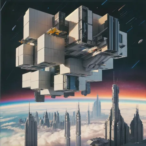 Cubic construction floating in space, (John Berkey), hyper detailed. Observer at the foot. High angle. 8K<lora:bb3l15:1> <lora:epi_noiseoffset2:1>