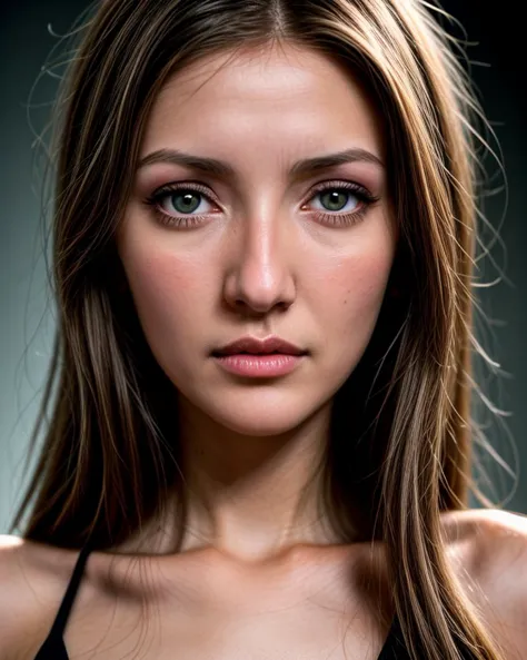 a close up of a woman with long hair and a black top