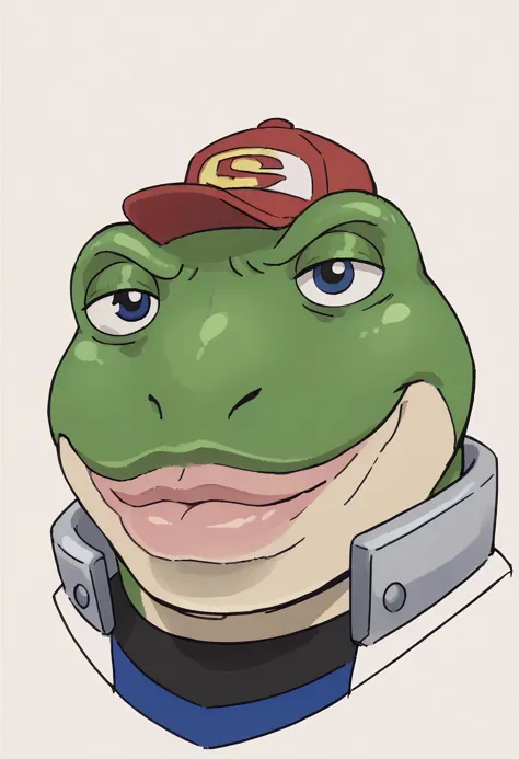 a close up of a cartoon frog wearing a baseball cap