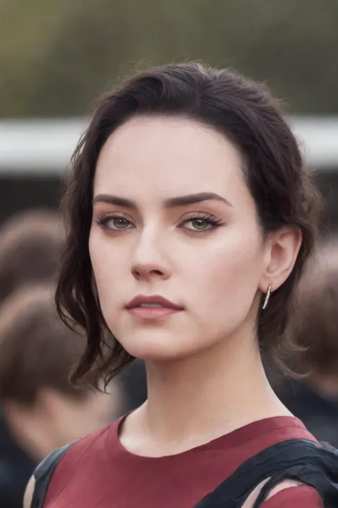 a close up of a woman with a backpack looking at the camera