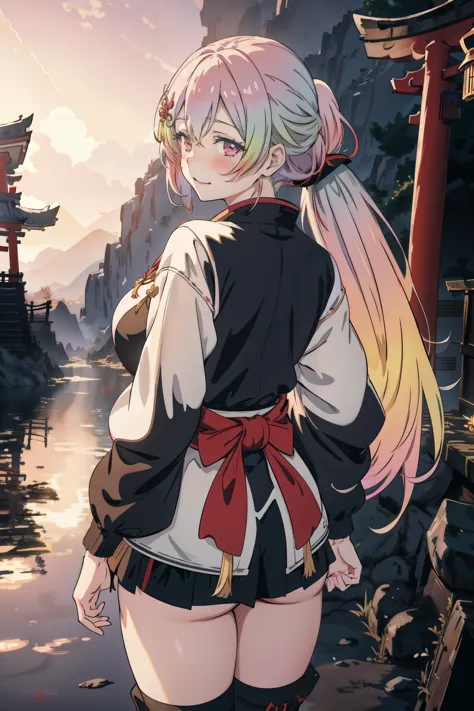 1 garota, Cupitano \(fantasia granblue\), seios grandes, coxas, cabelo multicolorido, olhos multicoloridos,  Cabelo gradiente, twintails, franja, twintails baixos, cabelo muito comprido, hair ornament, (cara de safada:1.2), Sorriso maléfico, gueixa, torii, nuvem de poeira, Sol carmesim, ((enquadramento de cena, foco profundo, Full voltar Camera Staging, From atrás, desviando o olhar do espectador, atrás, voltar)), iluminação dramática, Volumétrico Lighting, Volumétrico Light, Volumétrico, ((alta qualidade:1.2, obra de arte:1.2)), absurdos, Alta resolução,