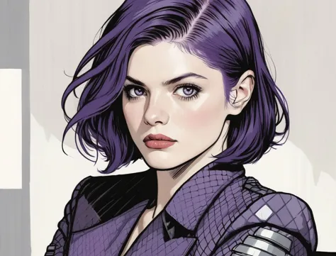 Alexandra Daddario, ohwx mixed with esme , detailed hair, shaved head, purple hair ,art by Adrian Tomine ,(bone armor)