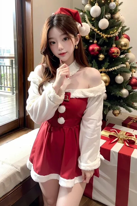 (masterpiece), best quality, 1girl, santa dress, christmas tree 