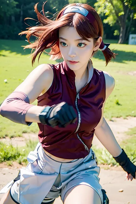 (masterpiece, best quality:1.2), solo, 1girl, harunoshipp, serious, looking at viewer, fighting stance, hairband, forehead protector, sleeveless shirt, gloves, bike shorts , 