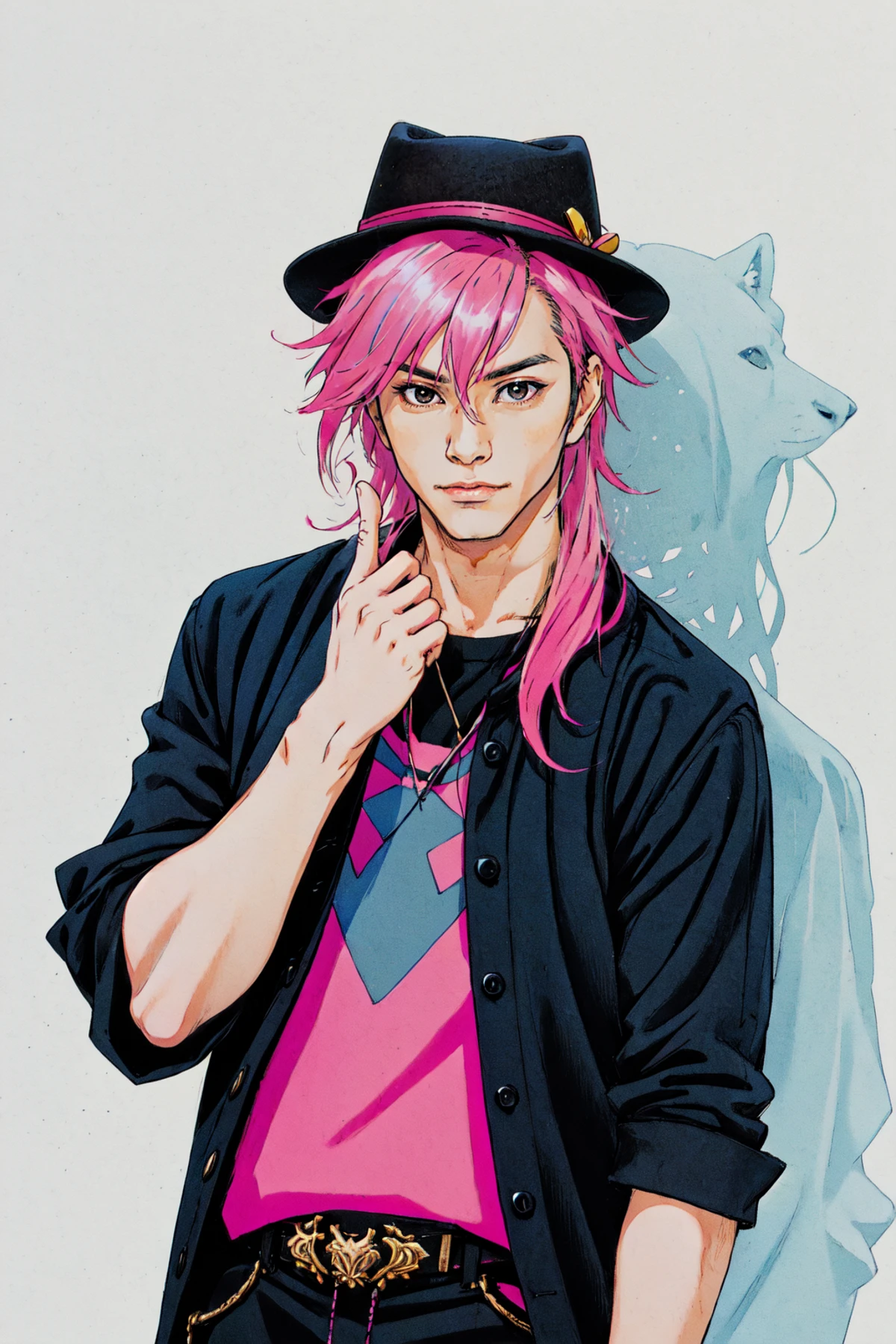 Japanese Music Magazine Style, 1boy, black eyes,  cowboy hat, pink hair, two tone hair, black hair, short hair, mullet, fluffy hair,  looking at viewer, male focus, realistic, solo, middle finger,